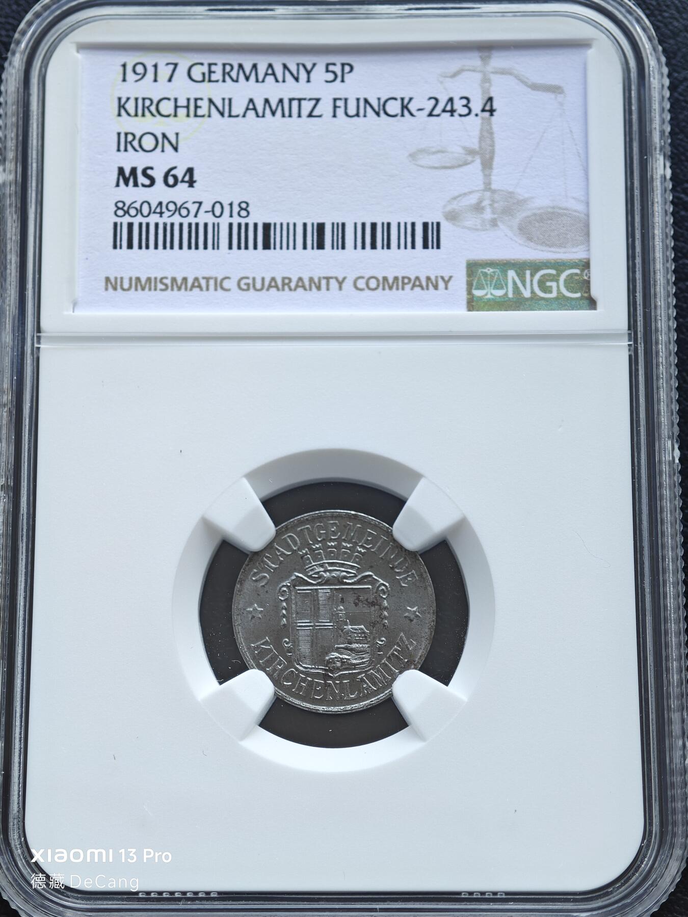 【德藏】世界币章拍卖第153期（拍品征集中~欢迎藏友联系） 1917年 德国紧急时期基兴拉米茨5芬尼铁币 NGC MS64 保存不易 状态极佳