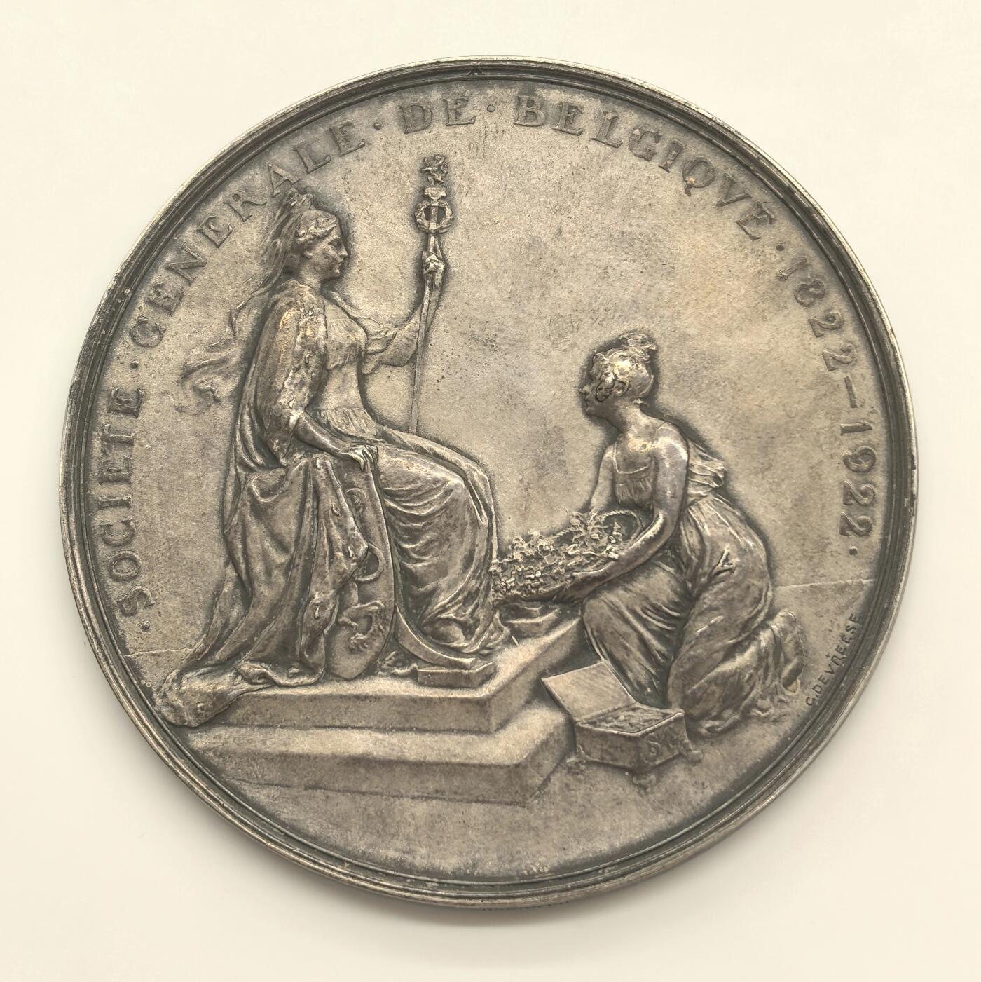 博洋堂世界钱币拍卖第146期（全场包邮） 比利时通用公司成立100周年大型纪念章，比利时雕刻大师Devreese作品，J.Fonson公司发行，铜镀银材质，品相好，工艺精美，名家作品，129g左右，75mm