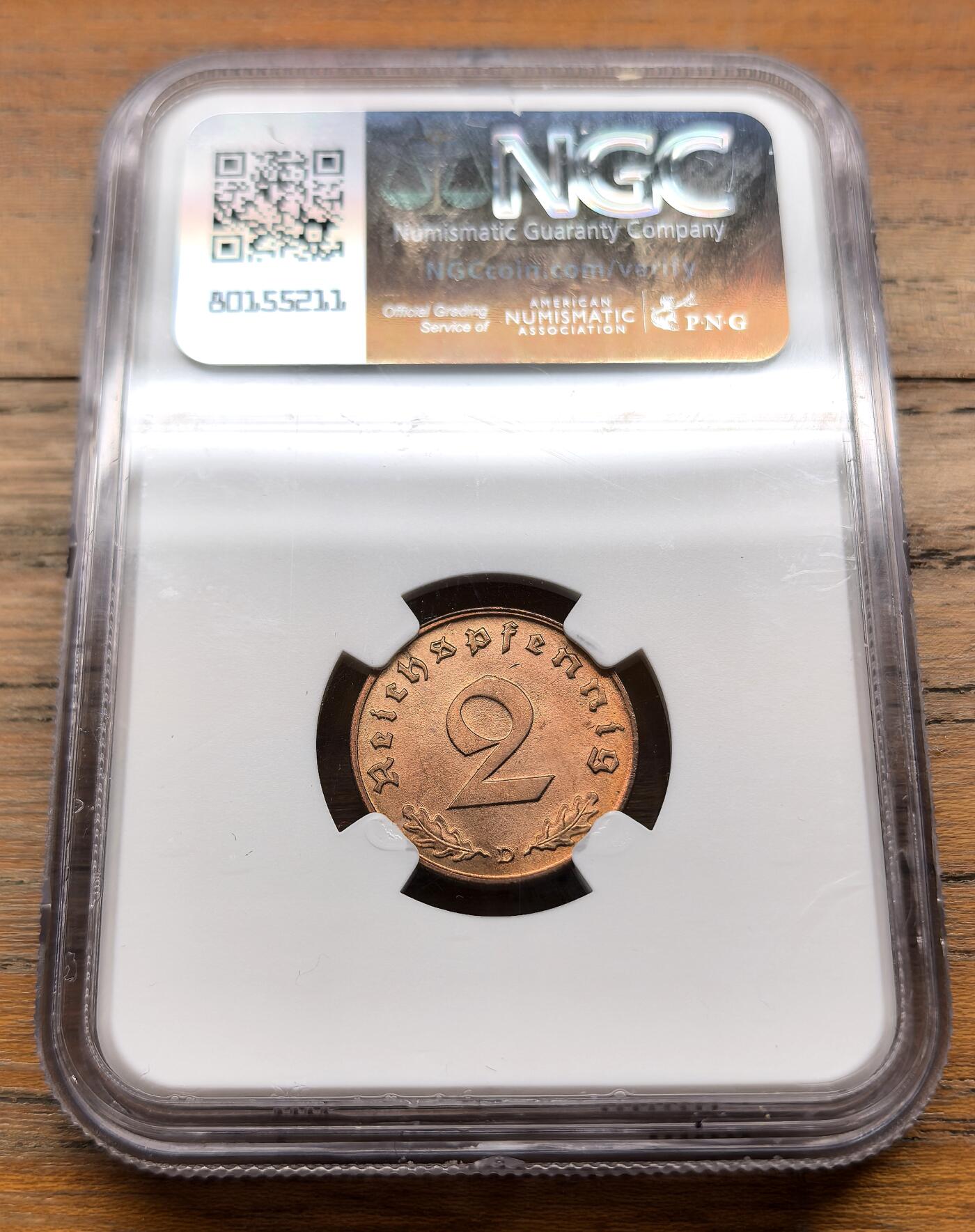 泉海漫舟·凡希社世界钱币微拍第三百十四期 1939D德国万字2芬尼铜币NGC-MS65RB