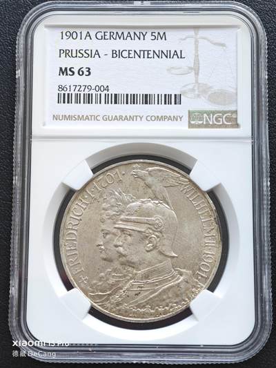 【德藏】世界币章拍卖第153期（拍品征集中~欢迎藏友联系） - 1901年 德国普鲁士建国200周年5马克银币 NGC MS63 状态极佳 淡包浆 转光十足