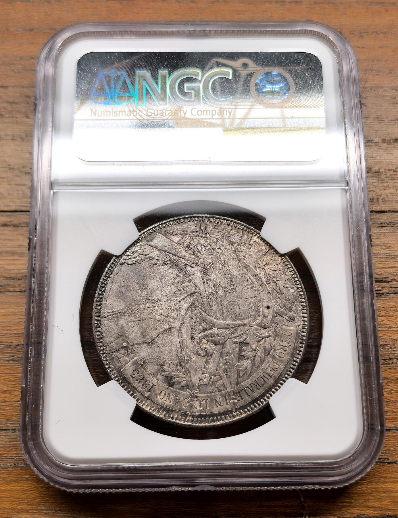 泉海漫舟·凡希社世界钱币微拍第三百十四期 1883瑞士卢加诺射击节纪念5Fr大银NGC-MS62，欧陆包浆标准器，传世灰彩，实物上手更赞！