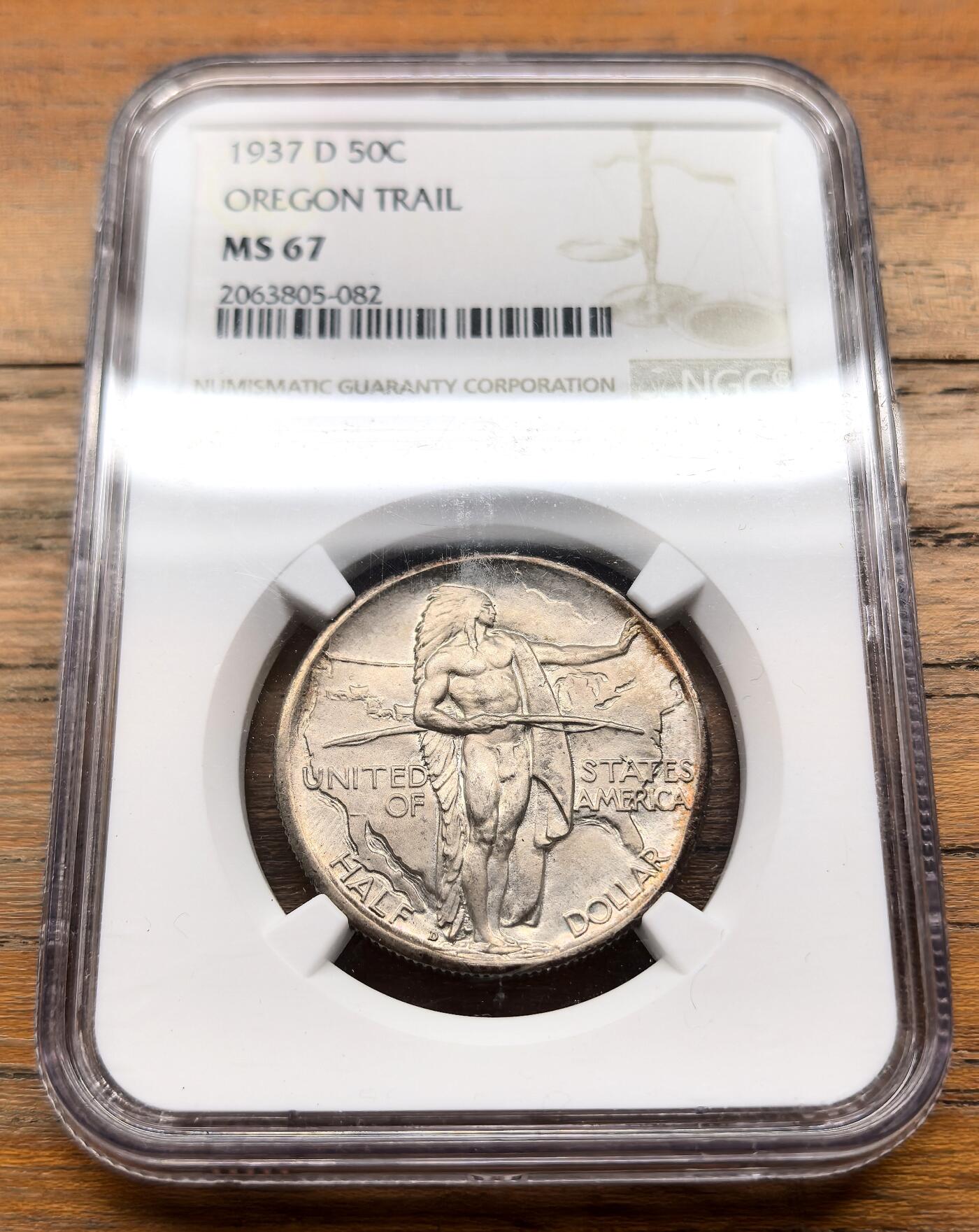 泉海漫舟·凡希社世界钱币微拍第三百十四期 1937D美国俄勒冈小道纪念50分银币NGC-MS67，西部开发的主要行进路线，美国重要的历史遗迹，顶级高分收藏级。