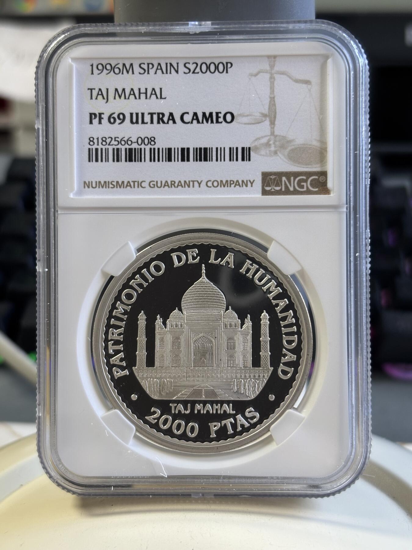 第181期拍卖 西班牙 1996年印度泰姬陵2000比塞塔纪念银币NGC-PF69,925银，27克
