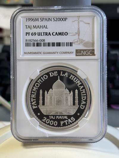 第181期拍卖 - 西班牙 1996年印度泰姬陵2000比塞塔纪念银币NGC-PF69,925银，27克