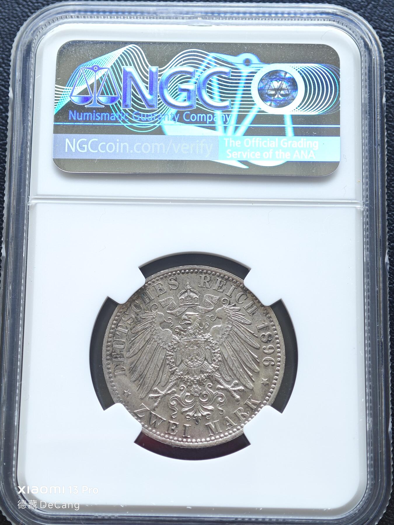 【德藏】世界币章拍卖第153期（拍品征集中~欢迎藏友联系） 1896年 德国安哈特弗里德里希2马克银币 NGC UNC 状态安逸 淡包浆 NGC严评