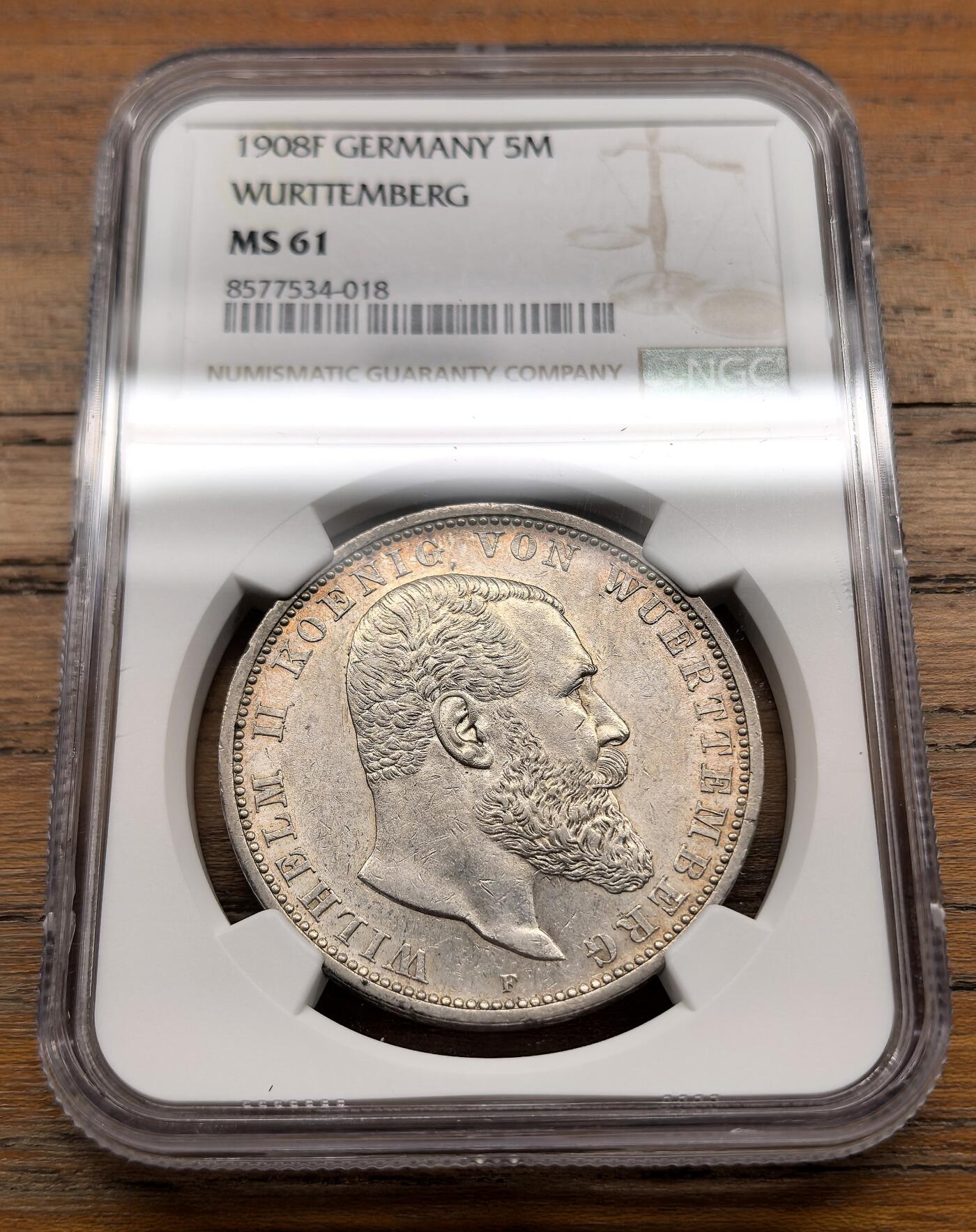 泉海漫舟·凡希社世界钱币微拍第三百十四期 1908F德国符腾堡5马克大银NGC-MS61