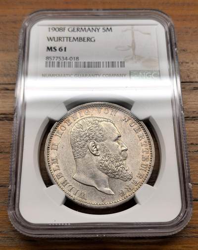 泉海漫舟·凡希社世界钱币微拍第三百十四期 - 1908F德国符腾堡5马克大银NGC-MS61