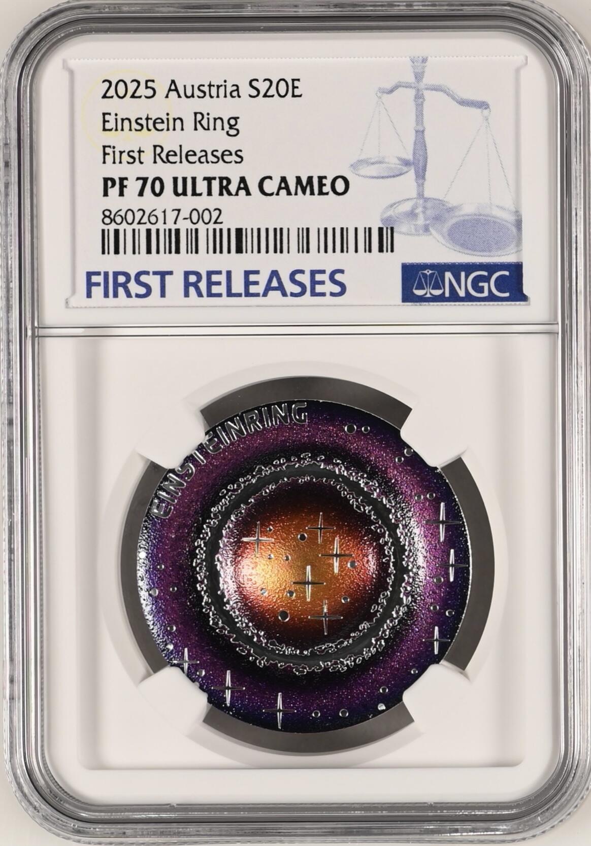 S&S Numismatic世界钱币-拍卖 第115期  奥地利2024年 奇妙宇宙现象超新星2-爱因斯坦环 20欧精制凹凸彩色纪念银币盒证齐全 NGC PF70UC首期蓝标