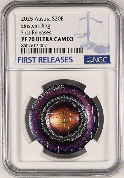 S&S Numismatic世界钱币-拍卖 第115期  - 奥地利2024年 奇妙宇宙现象超新星2-爱因斯坦环 20欧精制凹凸彩色纪念银币盒证齐全 NGC PF70UC首期蓝标