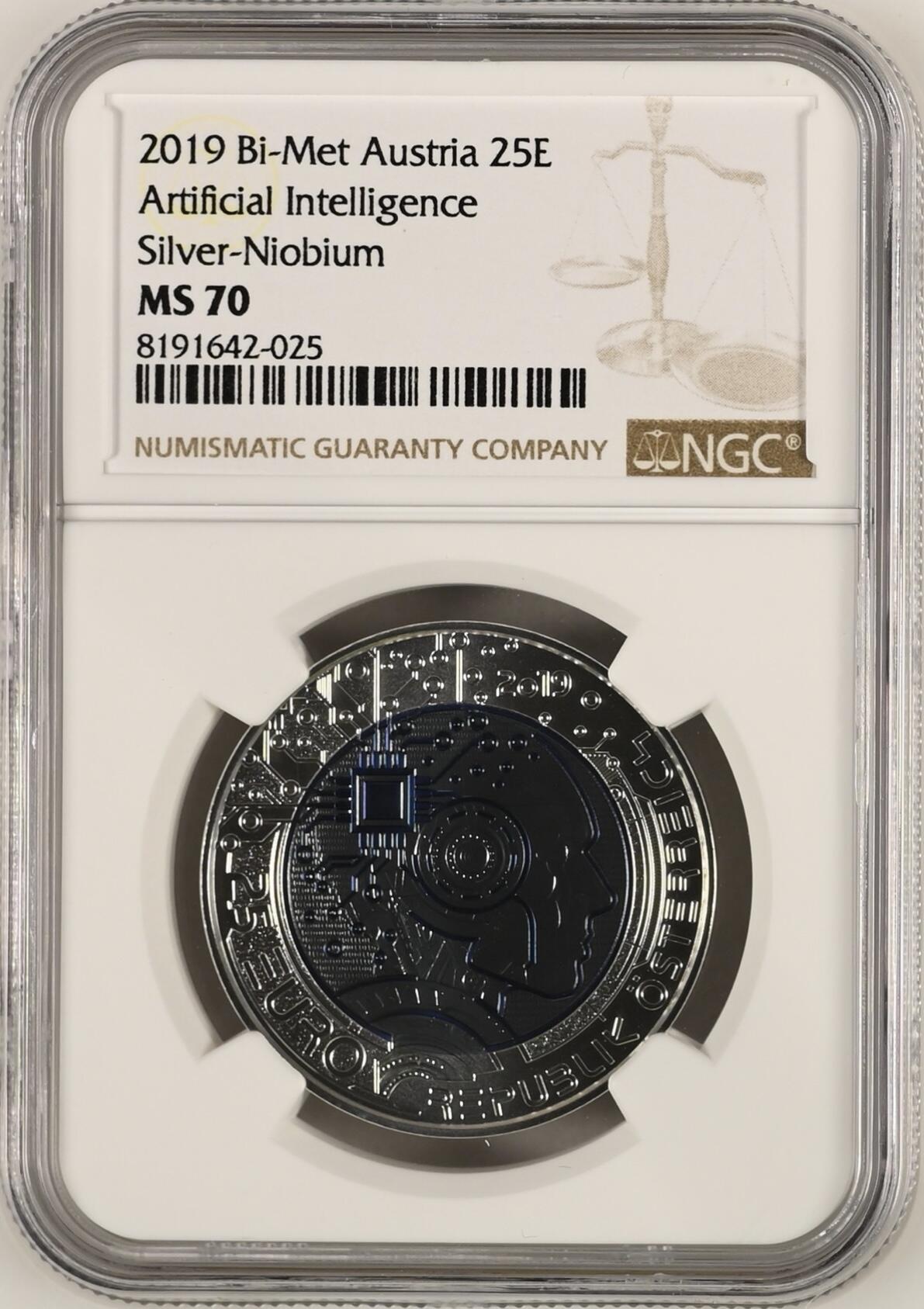 S&S Numismatic世界钱币-拍卖 第115期  获奖币*奥地利2019年 人工智能 25欧元银+铌双色纪念币盒证齐全 NGC MS70冠军分