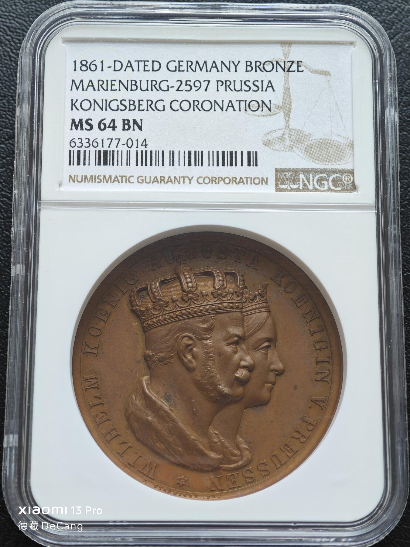 【德藏】世界币章拍卖第153期（拍品征集中~欢迎藏友联系） 1861年 德国普鲁士威廉一世登基高浮雕纪念铜章 NGC MS64BN 状态极佳 浮雕感极强 皇冠上的细节刻画以及背面的人物刻画都体现出立体浮雕的极致细节