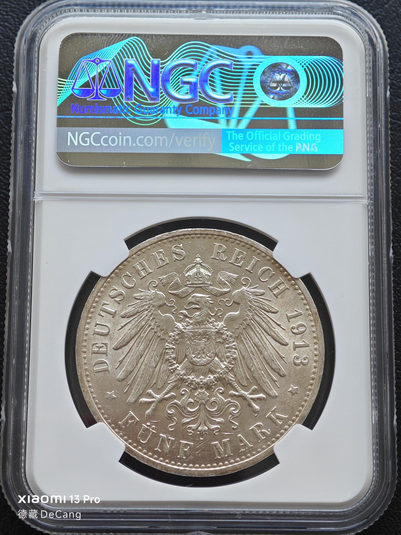 【德藏】世界币章拍卖第153期（拍品征集中~欢迎藏友联系） 1913年 德国普鲁士威廉二世军装5马克大银币 NGC MS61 原光十足