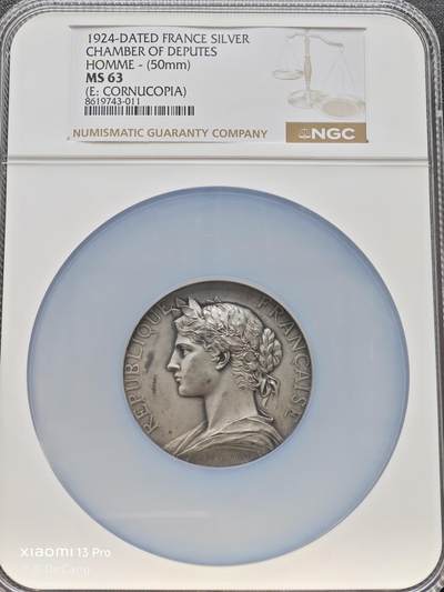 【德藏】世界币章拍卖第153期（拍品征集中~欢迎藏友联系） - 1924年 法国众议院女神50mm纪念大银章 NGC MS63 立体感十足 磨砂质感 细节丰富 大盒封装