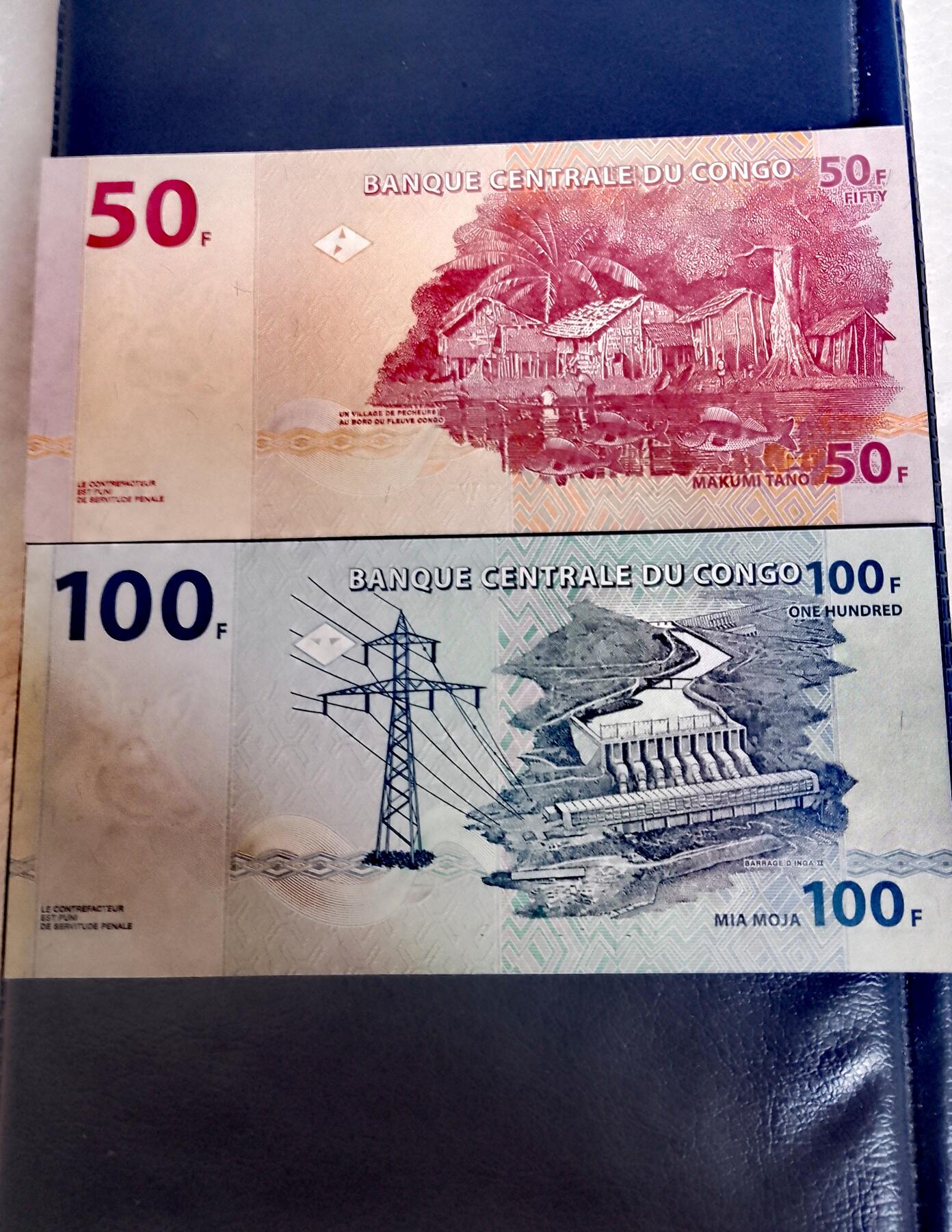 全新刚果2013年50、100法朗靓品纸币2枚一对