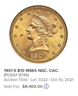 【Blue Auction】世界纸币精拍第750期——18级TOP拍卖/信誉/品质/专业/高效💫 美国 1901-S 10美金鹰扬金币 旧金山造币厂 重16.72克 转光金光四射  NGC MS65 绝品品相 老壳