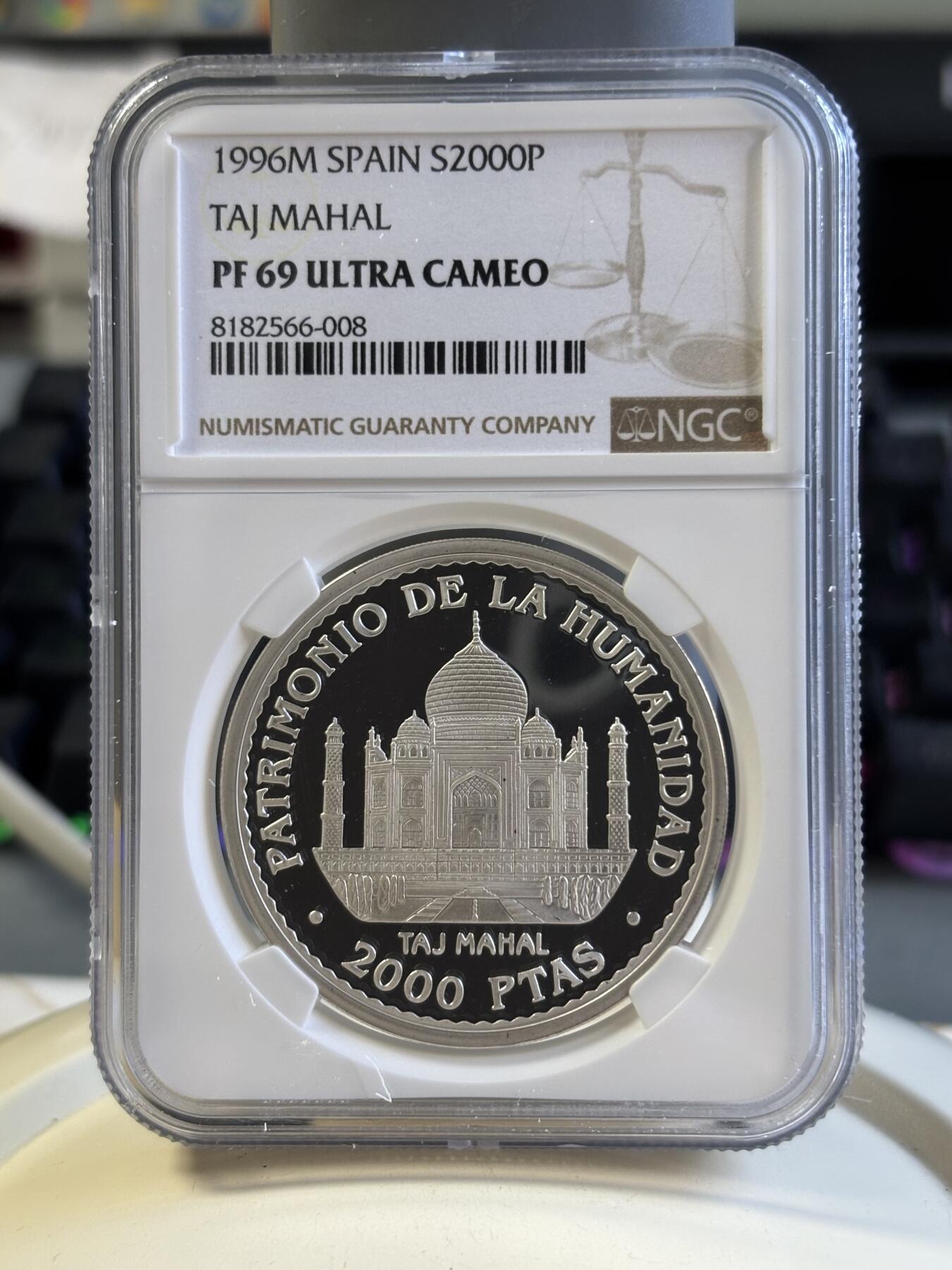 第181期拍卖 西班牙 1996年印度泰姬陵2000比塞塔纪念银币NGC-PF69,925银，27克