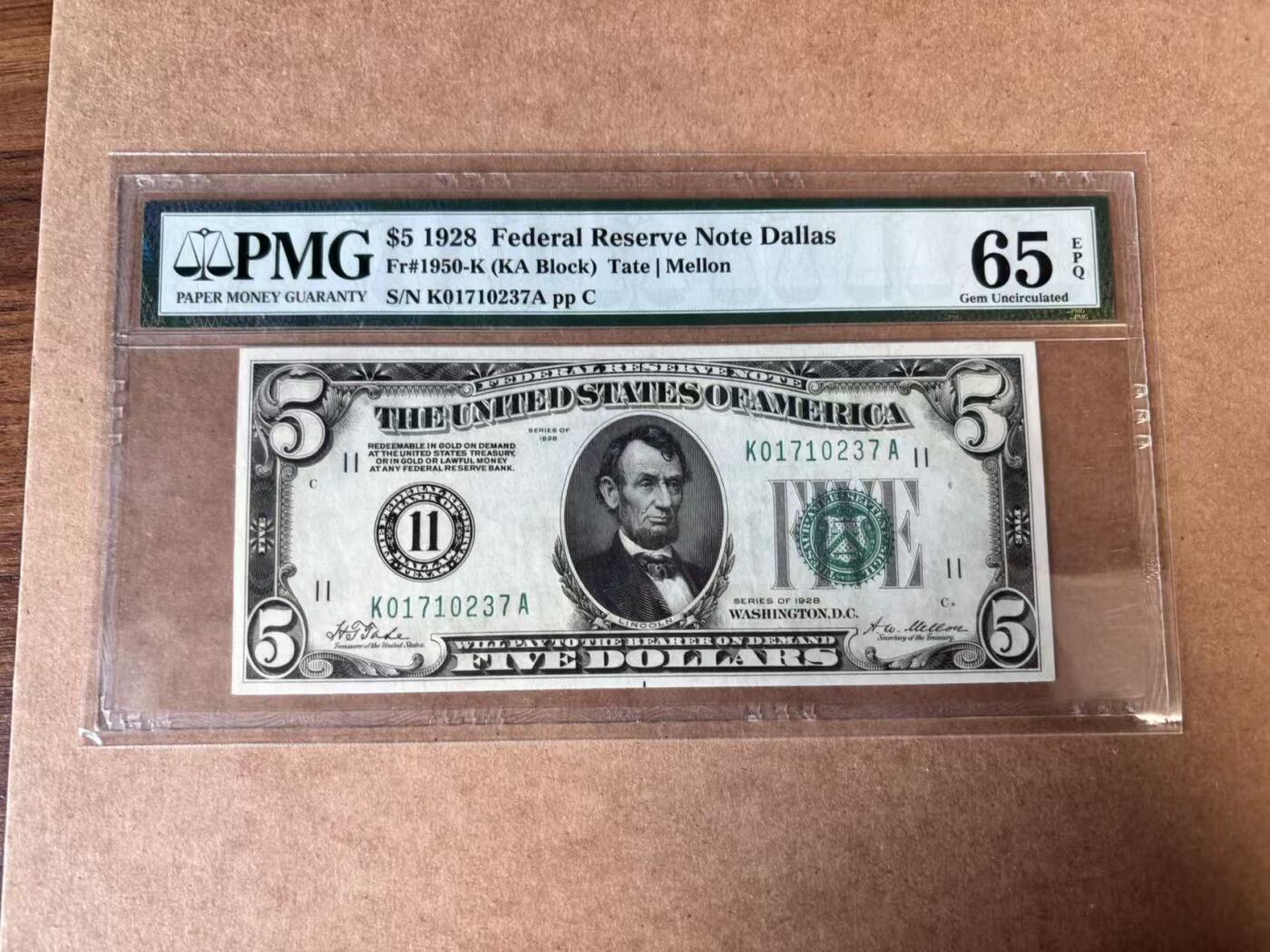 【Blue Auction】世界纸币精拍第750期——18级TOP拍卖/信誉/品质/专业/高效💫 【数字区号 任期仅半年的财政部长泰特首签】美国1928年5美金 少见达拉斯版 PMG65EPQ