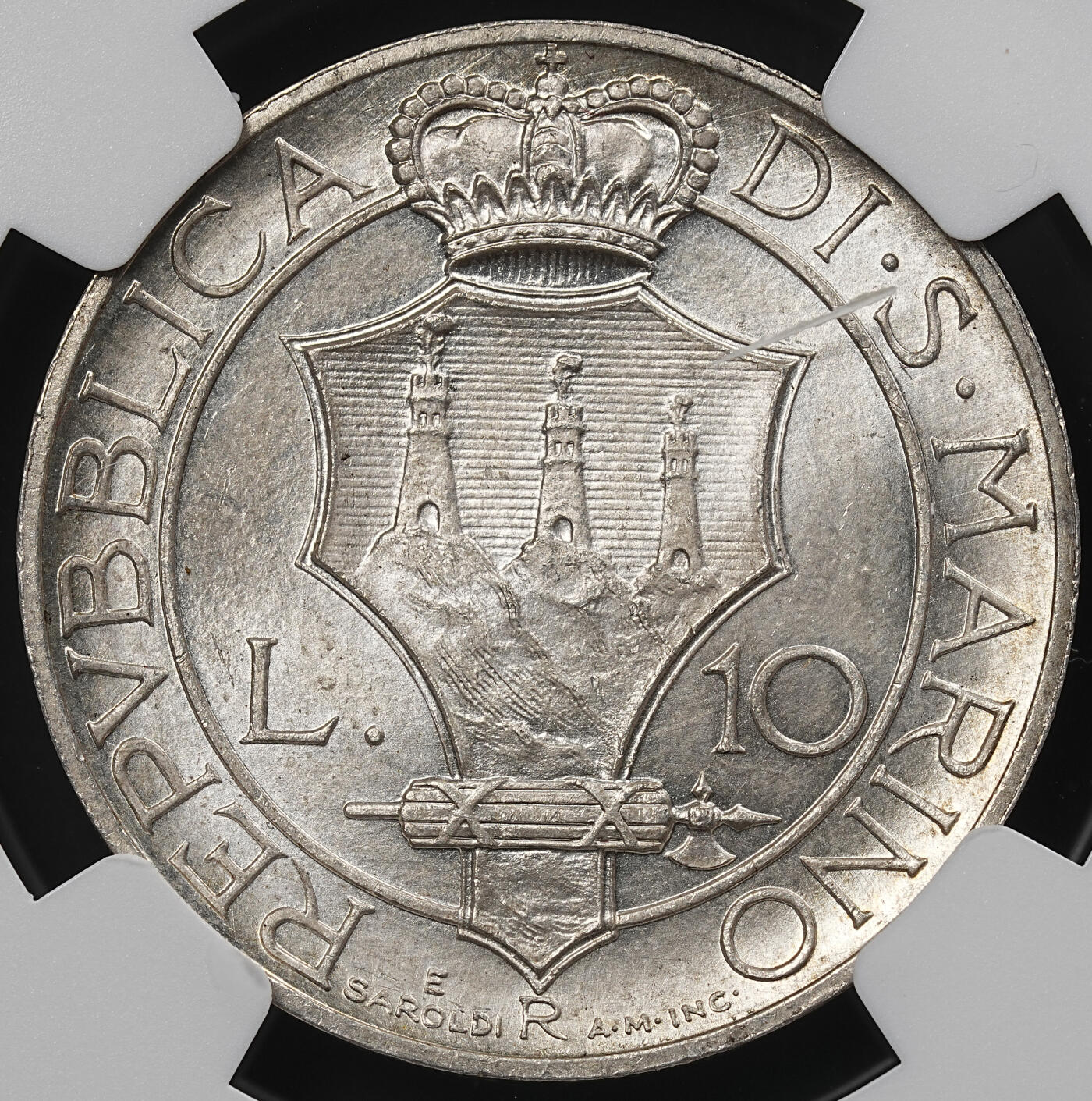 修遠堂世界钱币第九十三期 NGC MS64 1937年圣马力诺10里拉银币