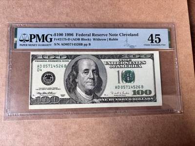 【Blue Auction】世界纸币精拍第750期——18级TOP拍卖/信誉/品质/专业/高效💫 - 【偏移错钞】美国1996年100美金 黑白大头 Misalignement Error PMG45