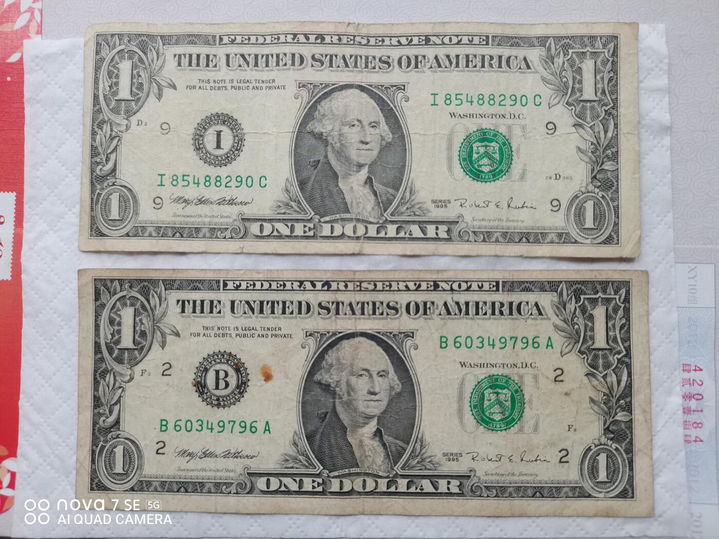 美国钱币 1美元纸币两张