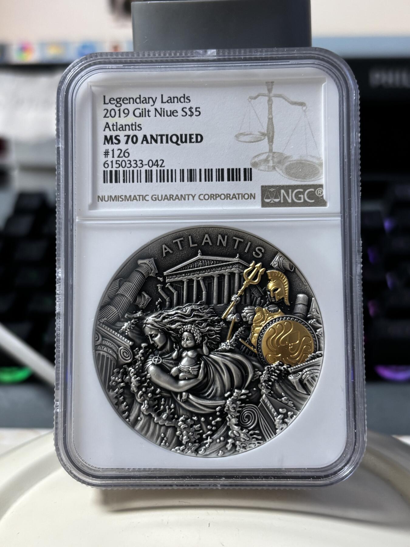 第181期拍卖 纽埃2020年传说之地亚特兰蒂斯2盎司高浮雕银币NGC-MS70原盒证书，999银，发行500枚