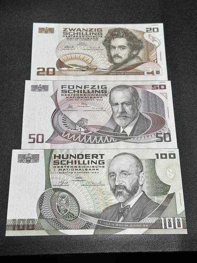 《外钞收藏家》第五百八十五期（精品场）（本平台长期征集拍品、欢迎藏友们联系合作） - 奥地利末版20/50/100先令三张小套	UNC