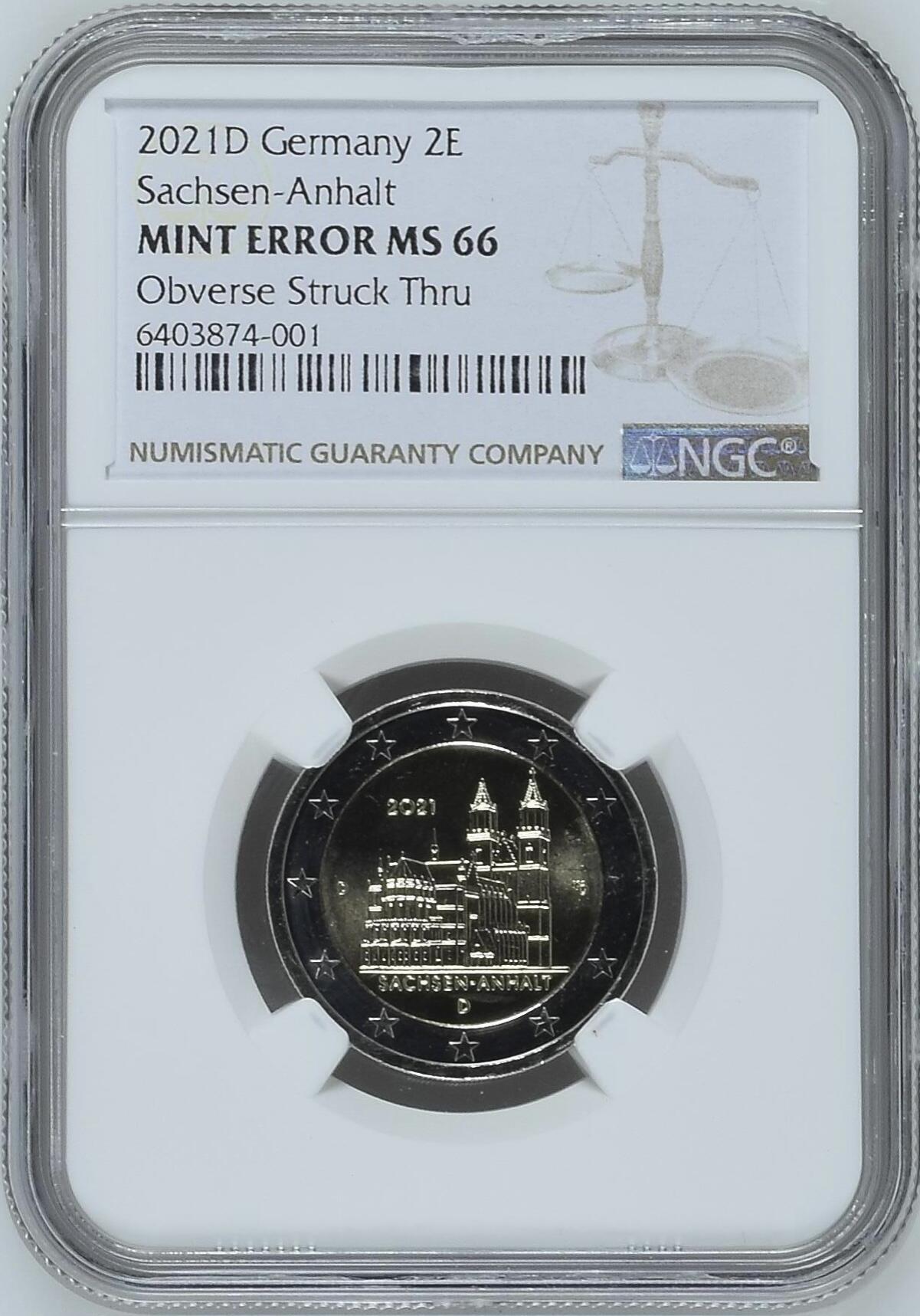 S&S Numismatic世界钱币-拍卖 第115期  德国2021年 萨克森-安哈尔特 2欧元双色纪念币 NGC MINT ERROR MS66 造币厂磨具错误，官网图肉眼可见少了⭐️