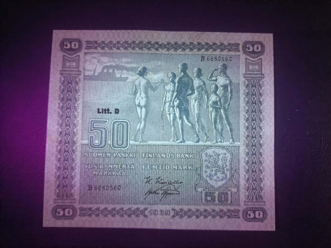 2025十一月第四期，总202期 芬兰1939版50马克AUNC无47，芬兰民族起源的抽象画，经典的大方块设计，少见中期年份