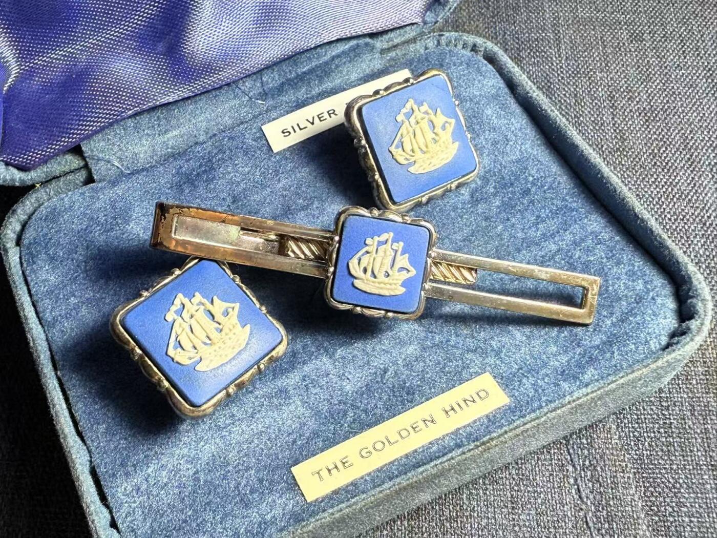 罗岚⭐爱藏⭐精品专拍第七场-分享拍场赚佣（周六有群拍，详细看简介） 中古奢侈  Wedgwood威基伍德 浮雕陶瓷帆船袖口领带夹一套  镀银材质