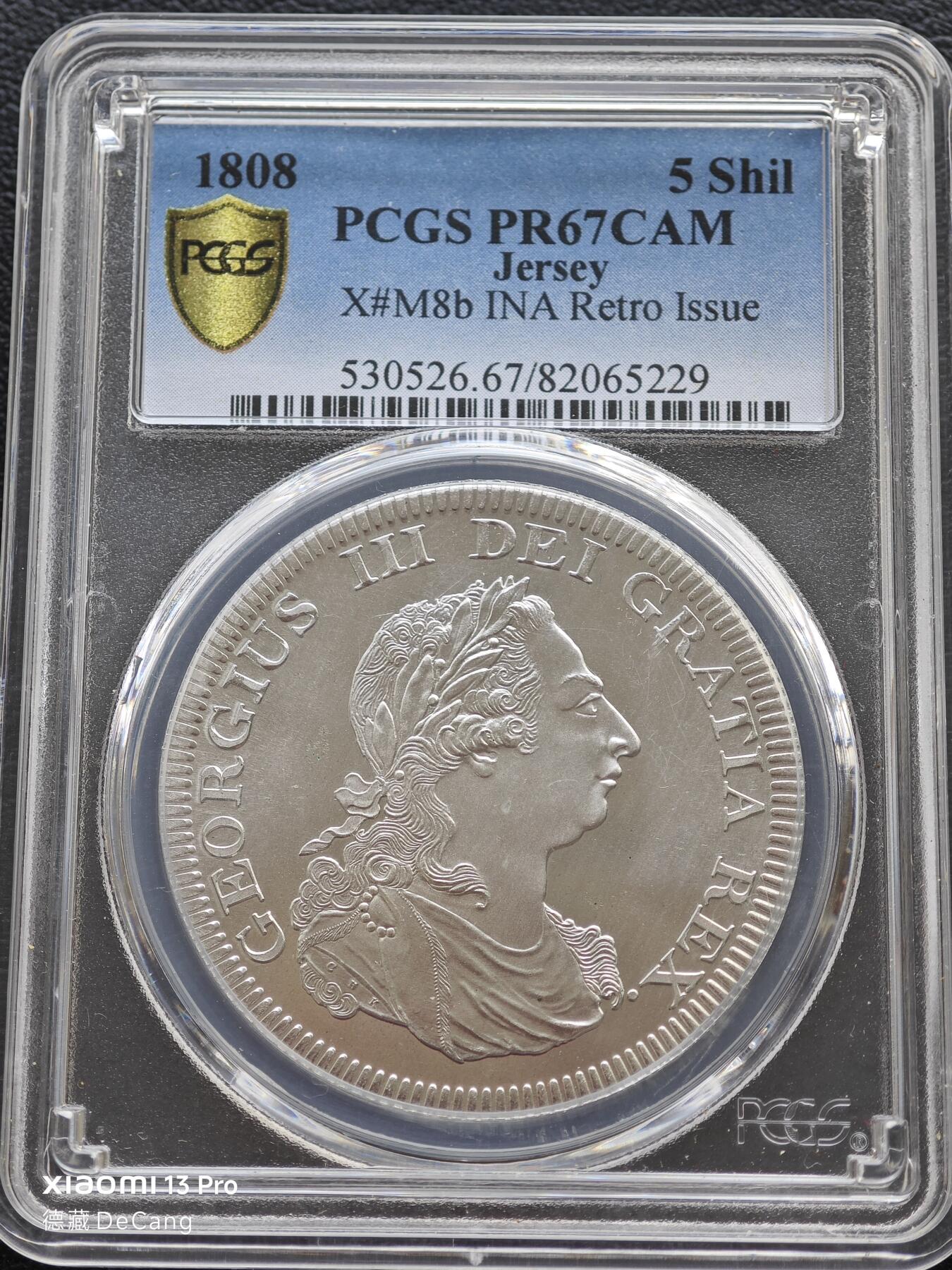 【德藏】世界币章拍卖第153期（拍品征集中~欢迎藏友联系） 1808年(后铸) 泽西岛精制5先令 PCGS PR67CAM 非常规币目录编号#M8b 状态极佳