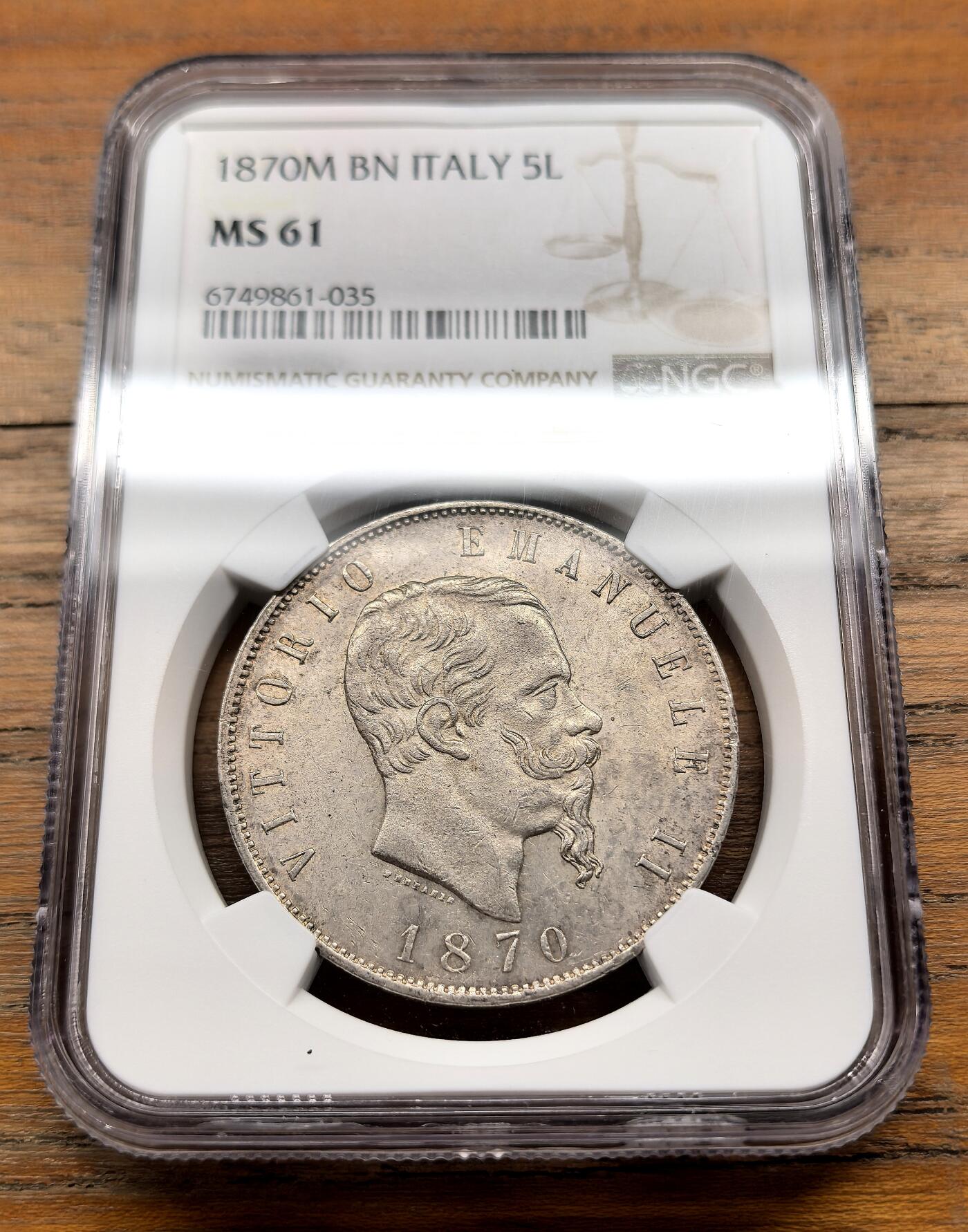 泉海漫舟·凡希社世界钱币微拍第三百十四期 1870M意大利埃曼努尔二世5里拉大银NGC-MS61