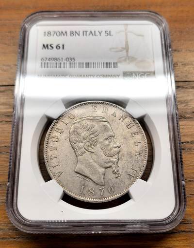 泉海漫舟·凡希社世界钱币微拍第三百十四期 - 1870M意大利埃曼努尔二世5里拉大银NGC-MS61