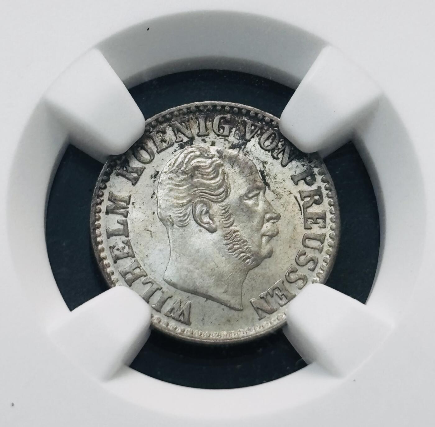 文馨钱币收藏第 281 场，【 长期接收代拍品】银元，银币，套币，纸币专场（本场截拍后休息三天，19 号发货） 稀少德国普鲁士1872 年1/2格罗申银币（B 标）威廉一世，NGC 评级 MS63 分