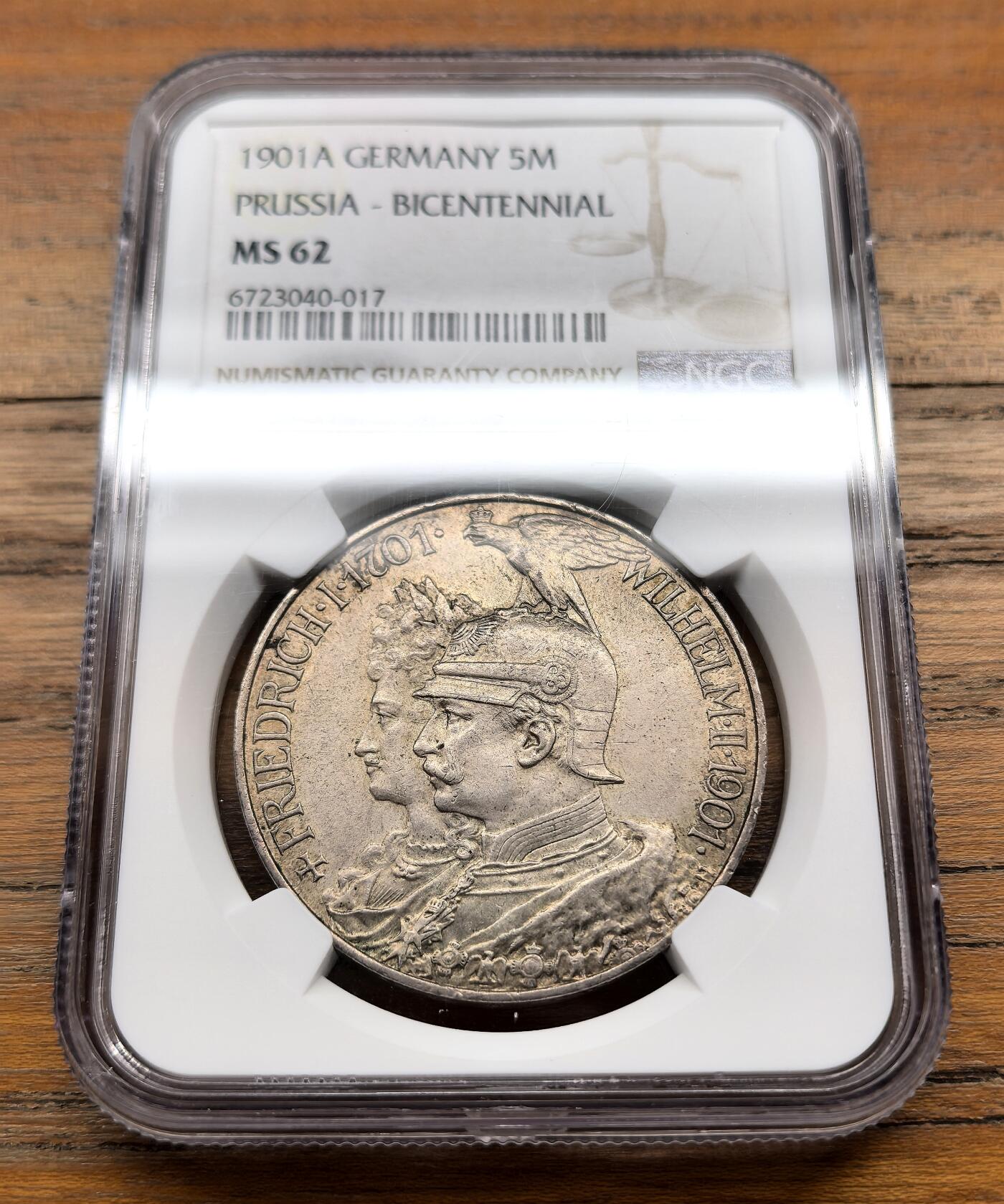 泉海漫舟·凡希社世界钱币微拍第三百十四期 1901A德国普鲁士王国200周年纪念5马克NGC-MS62