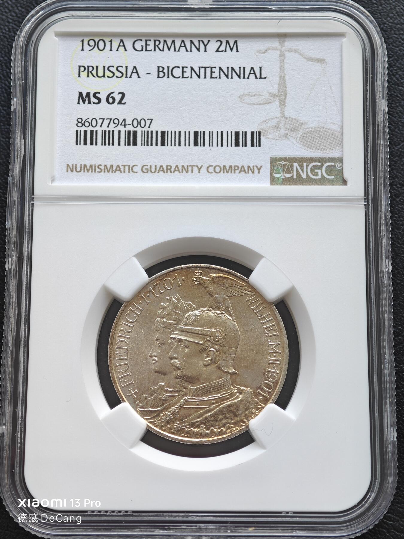 【德藏】世界币章拍卖第153期（拍品征集中~欢迎藏友联系） 1901年 德国普鲁士建国200周年2马克银币 NGC MS62 淡包浆 转光十足