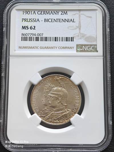 【德藏】世界币章拍卖第153期（拍品征集中~欢迎藏友联系） - 1901年 德国普鲁士建国200周年2马克银币 NGC MS62 淡包浆 转光十足