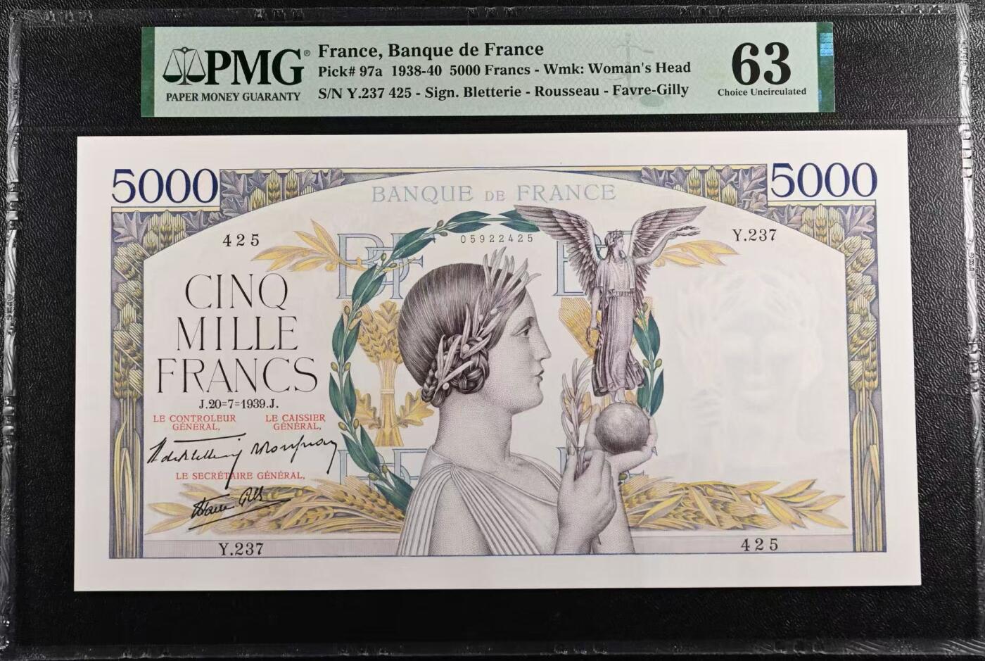 【Blue Auction】世界纸币精拍第750期——18级TOP拍卖/信誉/品质/专业/高效💫 法国 1939年5000法郎 超大票幅  胜利女神 PMG63