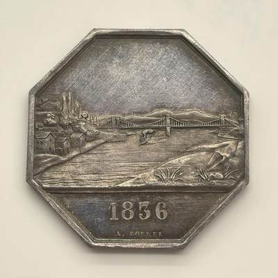 博洋堂世界钱币拍卖第146期（全场包邮） - 稀有银质八角代币，法国安省波尔加德堡大桥景观八角，极为罕见，15.17g31.4mm，蜜蜂银标，名家Borrel作品，这座200多年的桥现在仍然在正常使用，有机会可以带着这枚八角去实地