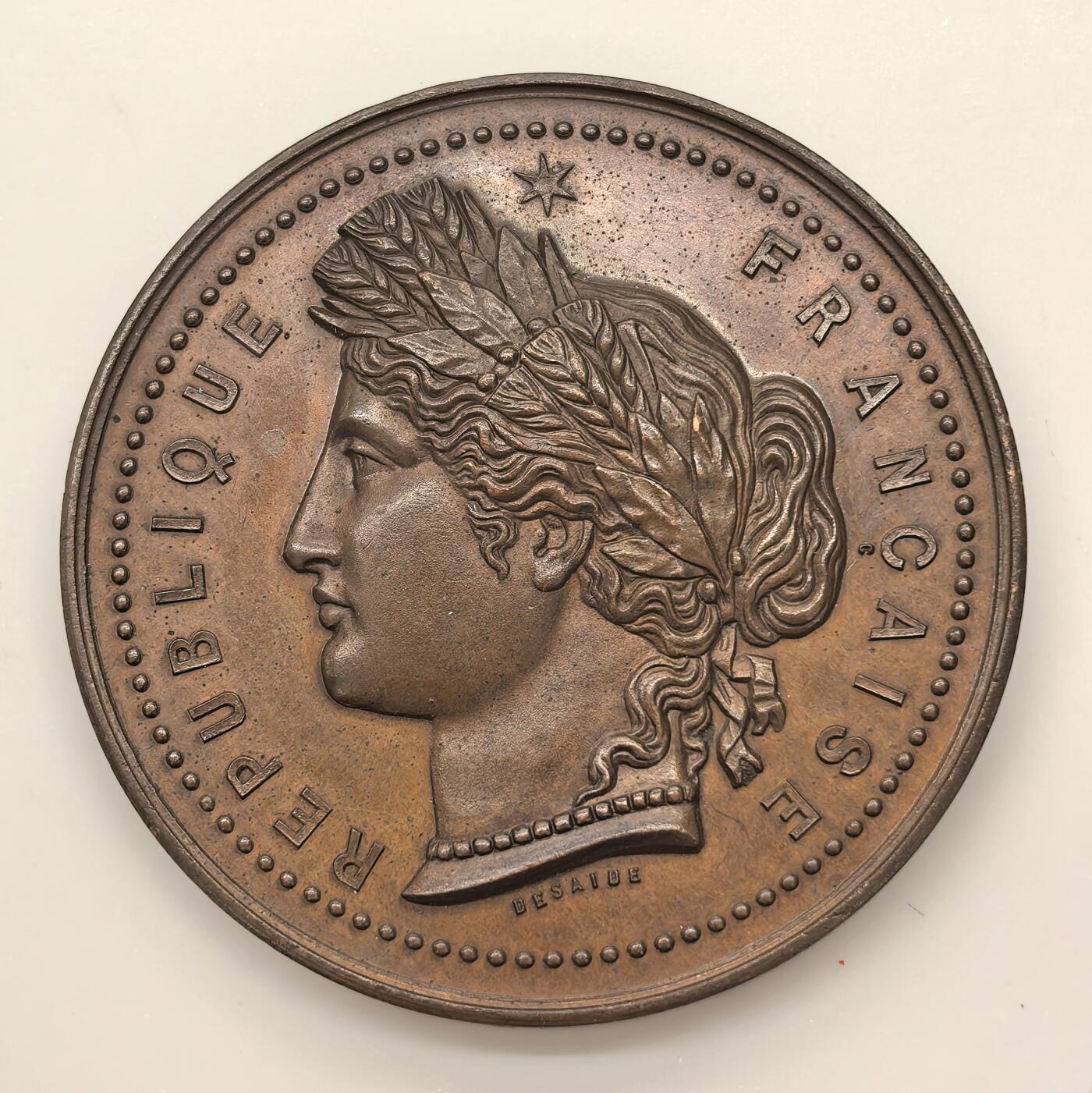 博洋堂世界钱币拍卖第146期（全场包邮） 法国1885年世博会女神头像，50mm高浮雕早期原铸款。UNC状态！送评最低63分！