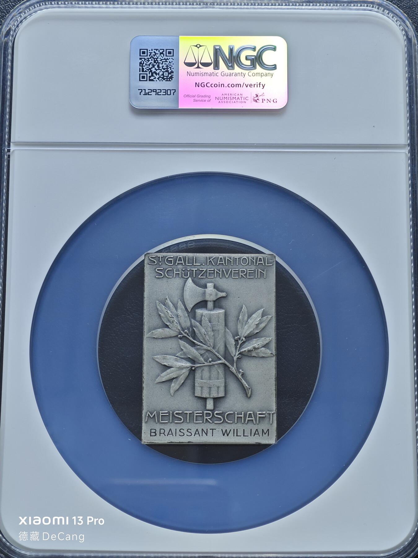 【德藏】世界币章拍卖第153期（拍品征集中~欢迎藏友联系） 19世纪 瑞士圣加仑射击节矩形纪念大银章 NGC MS66 磨砂质感 立体感十足 大盒封装
