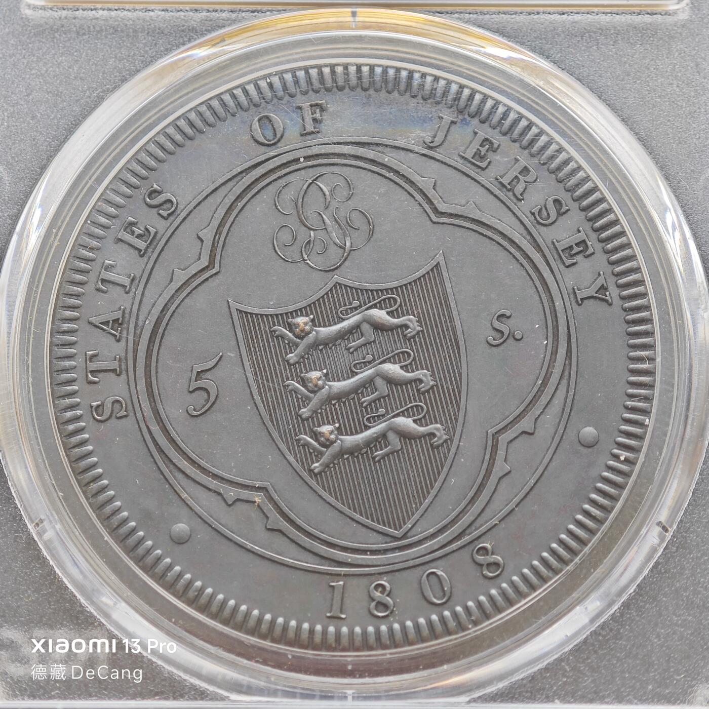 【德藏】世界币章拍卖第153期（拍品征集中~欢迎藏友联系） 1808年(后铸) 泽西岛精制5先令 PCGS PR65BN 非常规币目录编号#M8a 状态极佳