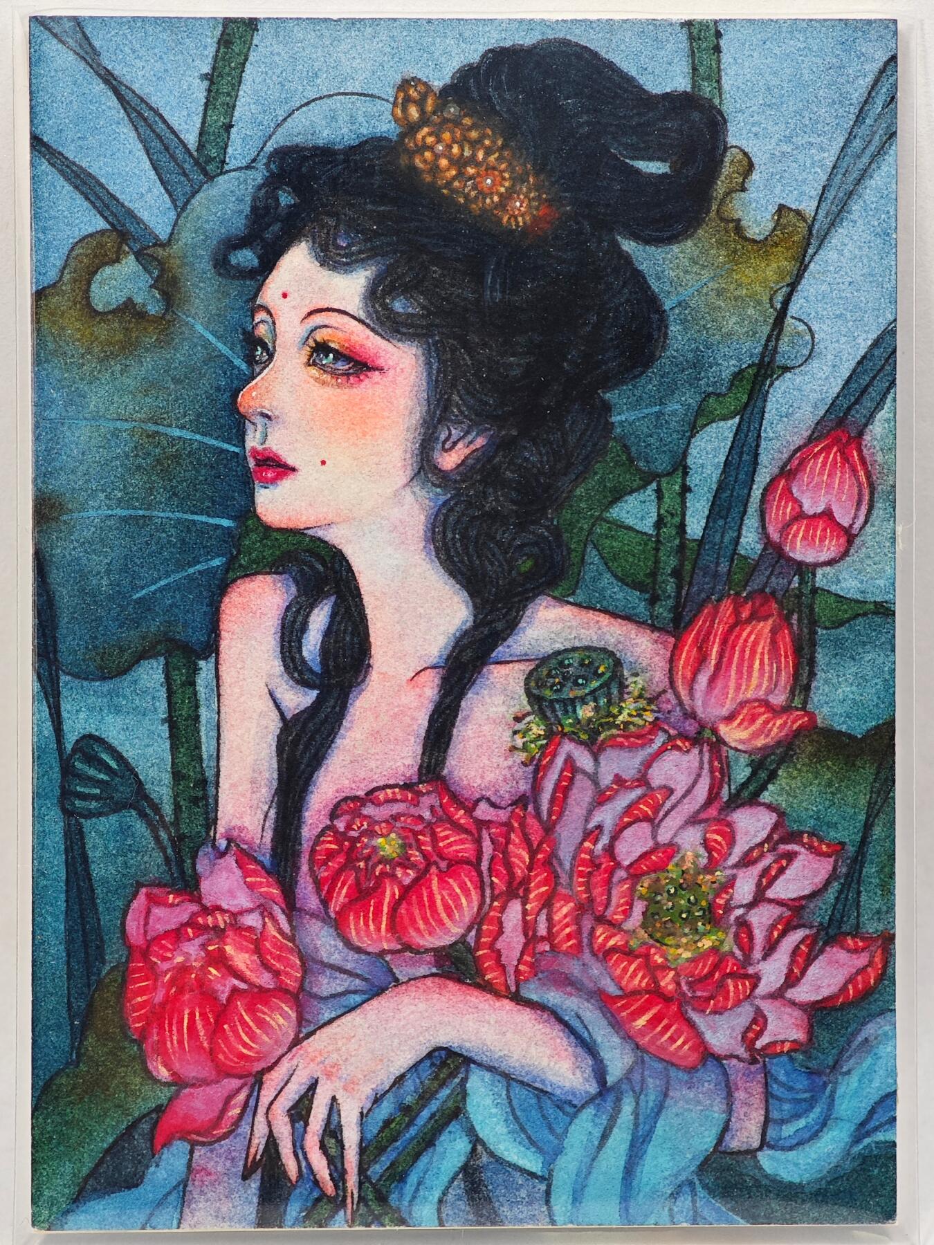 白泽拍卖卡牌手绘专场第28期（细雨生寒、寻梅闻香） 2025 艺海文化手绘卡 卧荷  晚栀亲签