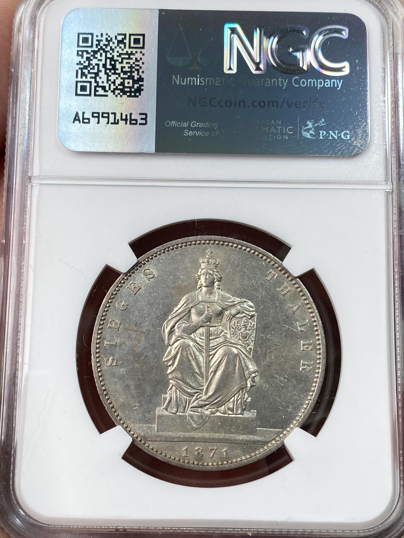 万国钱币拍卖第055期 NGC MS62 1871普鲁士威廉一世普法胜利泰勒 经典女武神 高浮雕质感五官清晰 银霜转光