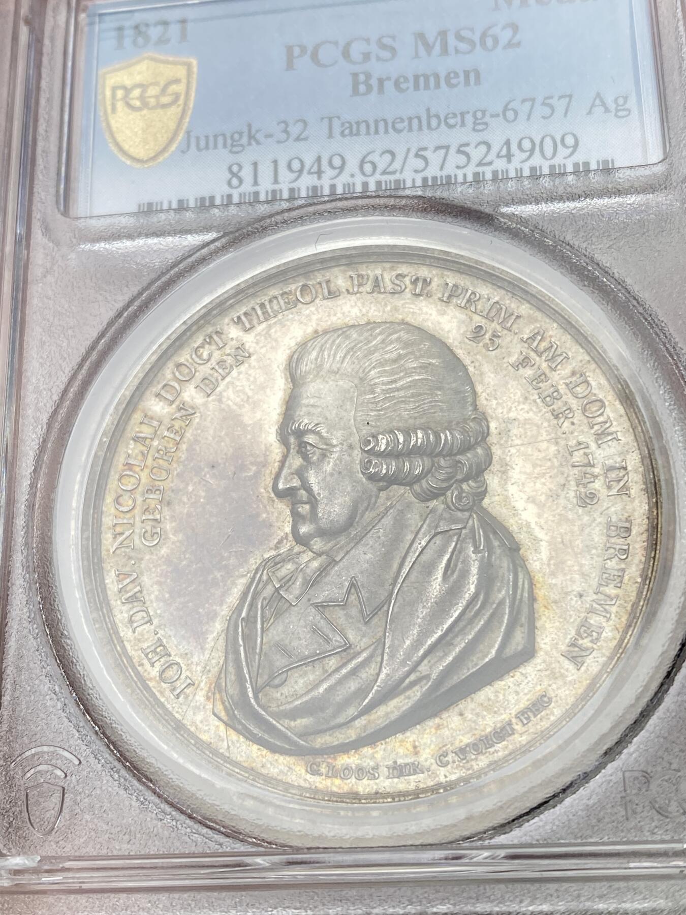 万国钱币拍卖第055期 PCGS MS62 1821年德国不莱梅牧师约翰·大卫·尼古拉就职五十周年纪念大银章 高浮雕极美 原味淡彩镜面收藏级