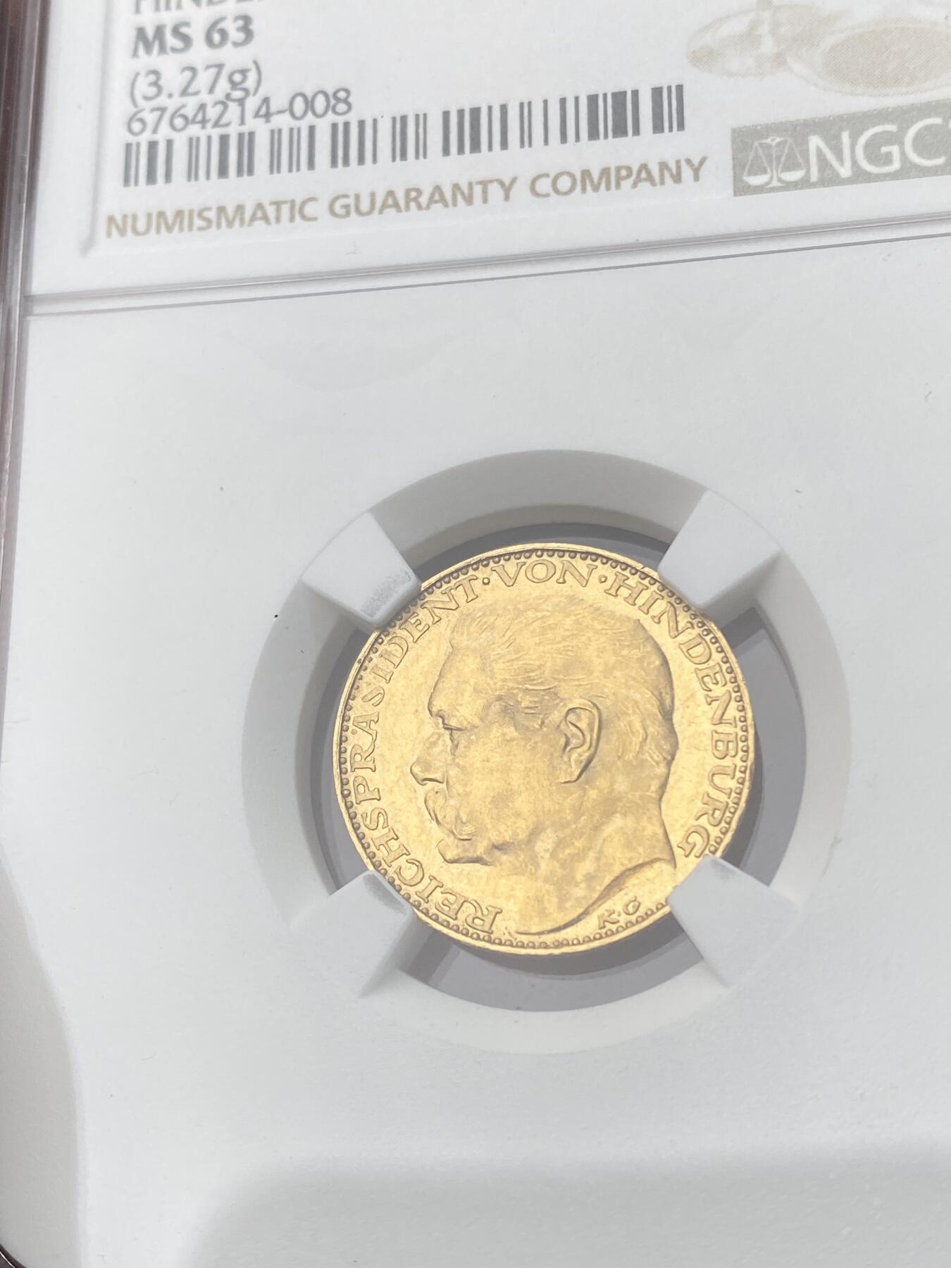万国钱币拍卖第055期 NGC MS63 1928年德国魏玛共和国兴登堡总统80大寿纪念流通10马克币章 卡尔哥茨名誉设计品种 3.27G 900金