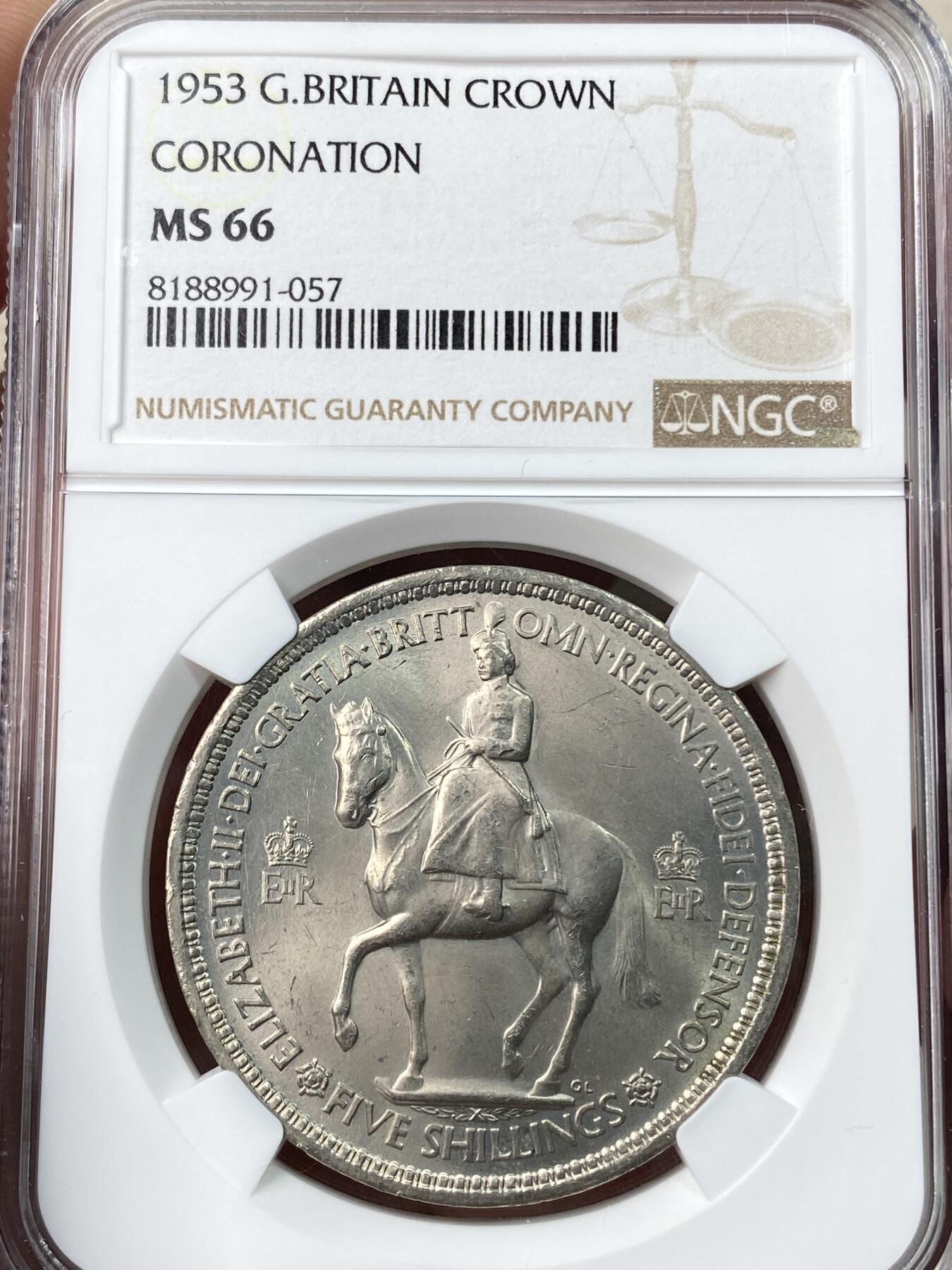 万国钱币拍卖第055期 NGC MS66 1953年英国伊丽莎白二世加冕纪念克朗镍币 斯人已逝 当年盛况一窥币面