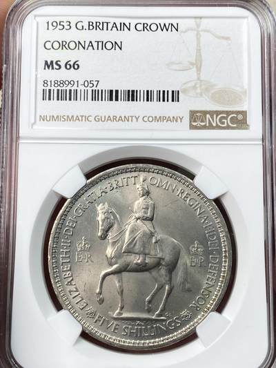 万国钱币拍卖第055期 - NGC MS66 1953年英国伊丽莎白二世加冕纪念克朗镍币 斯人已逝 当年盛况一窥币面