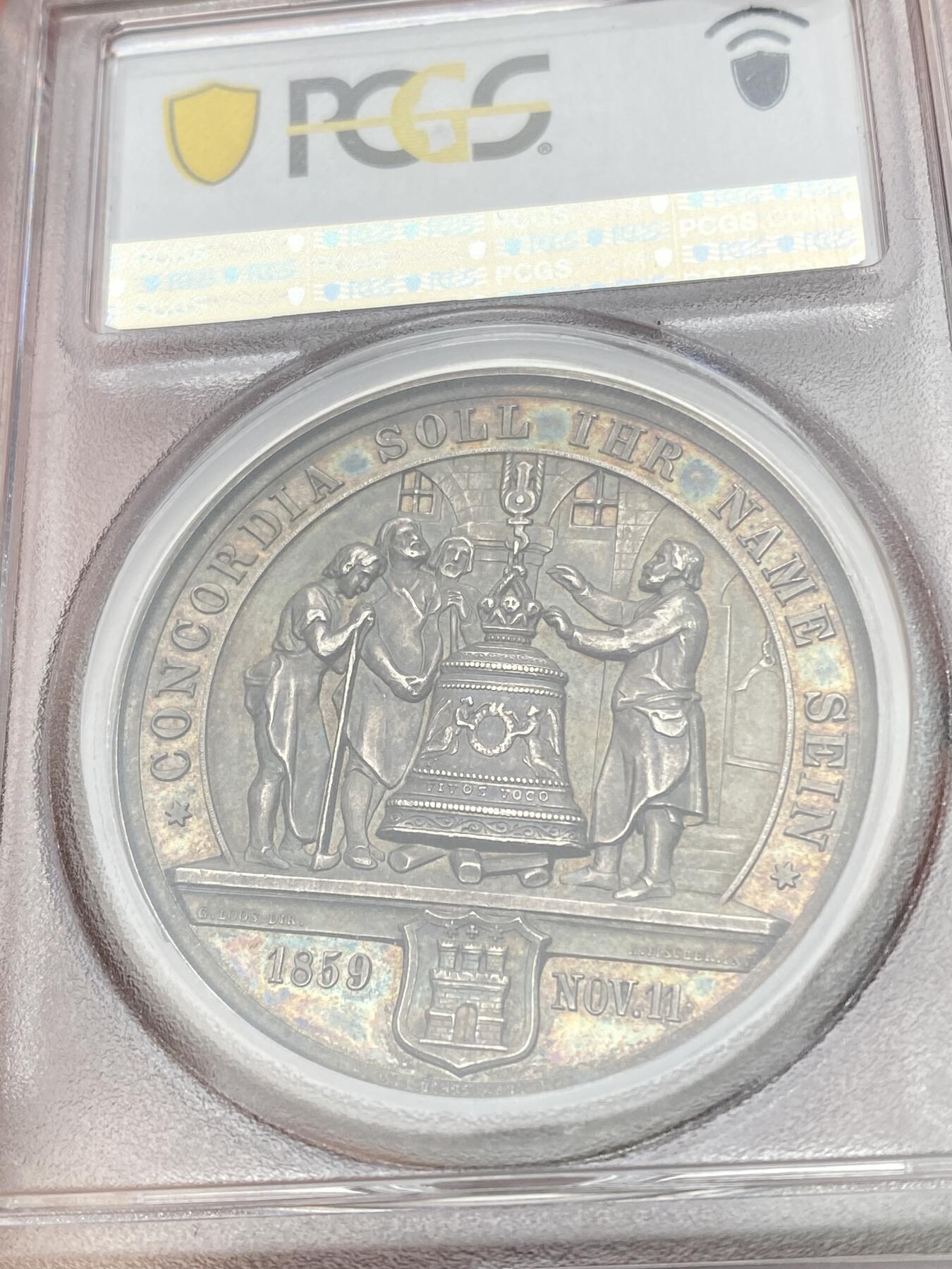 万国钱币拍卖第055期 PCGS MS61 1859年德国 LOOS名家设计席勒诗歌中《DIE GLOCK》场景纪念大银章 41MM 29G 高浮雕镜面酱彩
