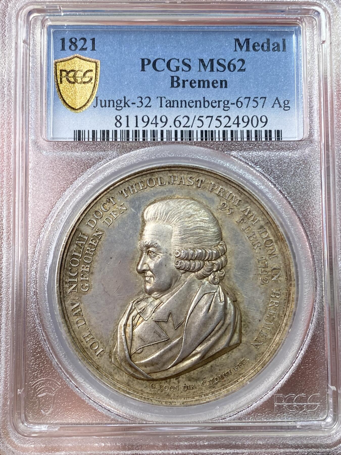 万国钱币拍卖第055期 PCGS MS62 1821年德国不莱梅牧师约翰·大卫·尼古拉就职五十周年纪念大银章 高浮雕极美 原味淡彩镜面收藏级