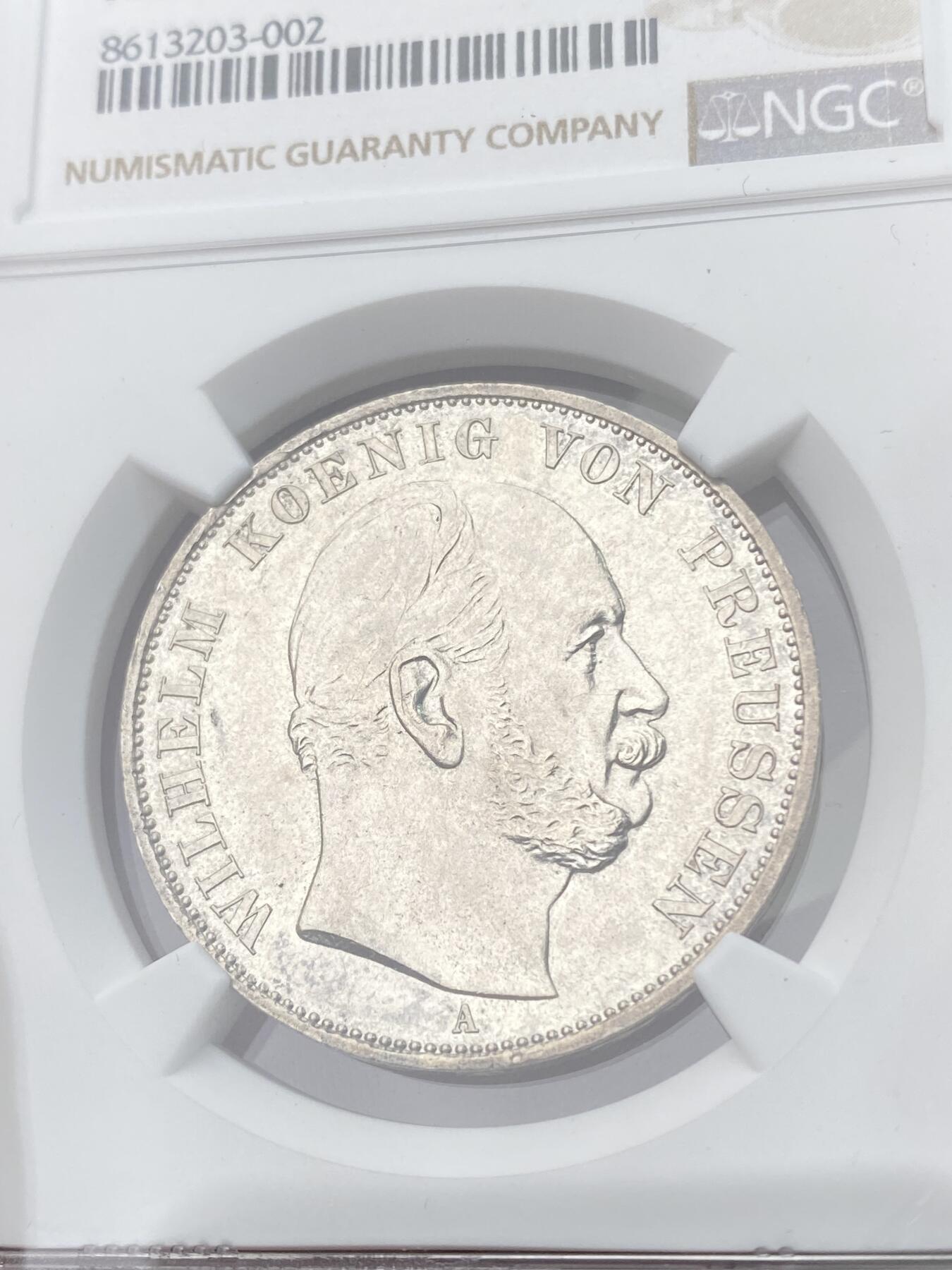 万国钱币拍卖第055期 NGC MS62 1871普鲁士威廉一世普法胜利泰勒 经典女武神 高浮雕质感五官清晰 银霜转光